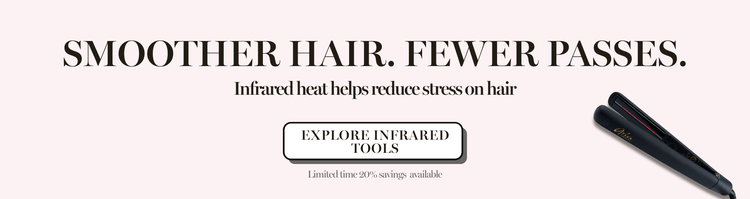 Smoother hair fewer passes banner featuring an Aria Beauty black infrared hair straightener with text highlighting reduced heat stress and limited time 20 percent savings.