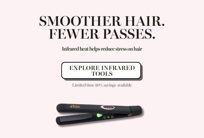 Mobile promotional banner for Aria Beauty featuring a black infrared hair straightener with text highlighting smoother hair, fewer passes, and reduced heat stress, with limited time 20 percent savings.