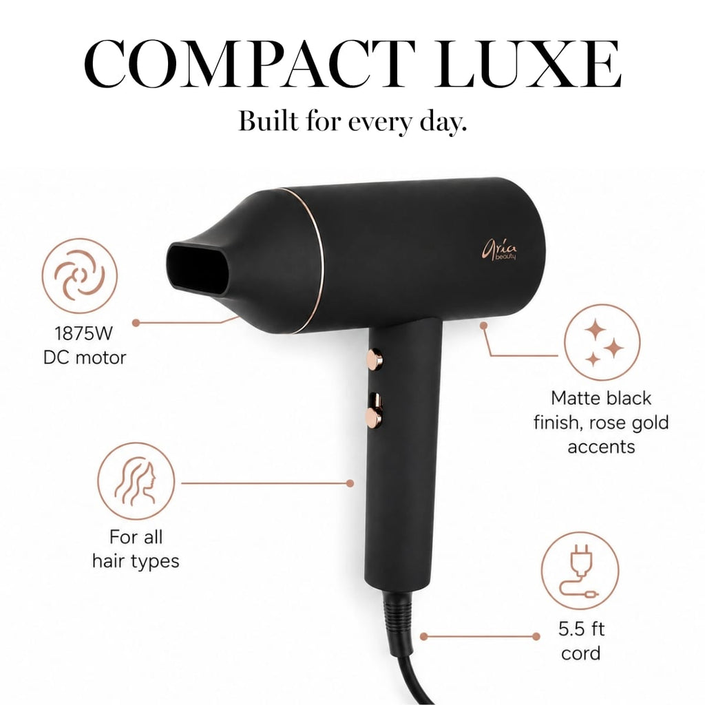 Aria Beauty Blow Dryers Compact Luxe Blowdryer - 1875W Hair Dryer - Black