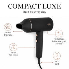 Aria Beauty Blow Dryers Compact Luxe Blowdryer - 1875W Hair Dryer - Black