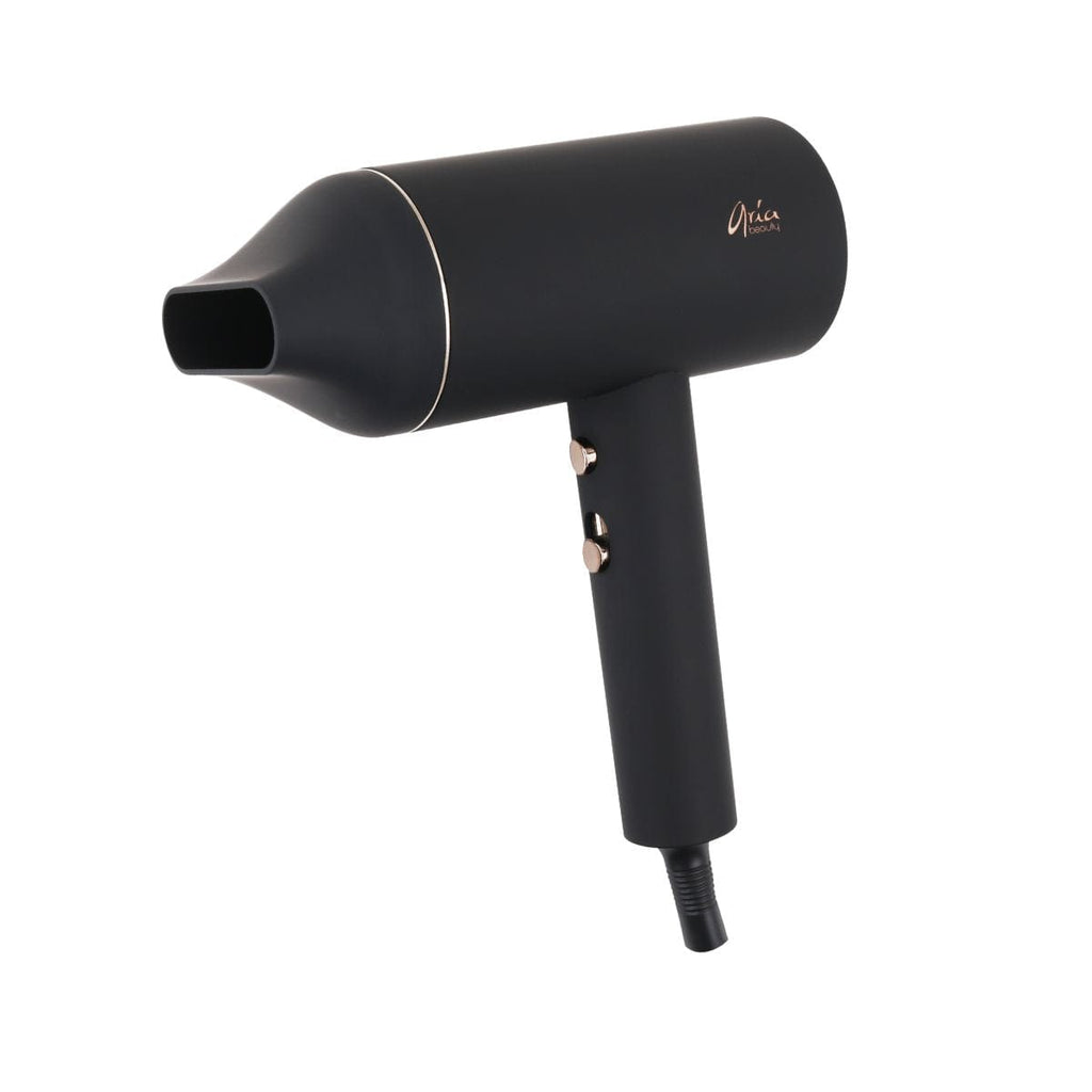 Aria Beauty Compact Luxe Blow Dryer in black, sleek matte finish with concentrator